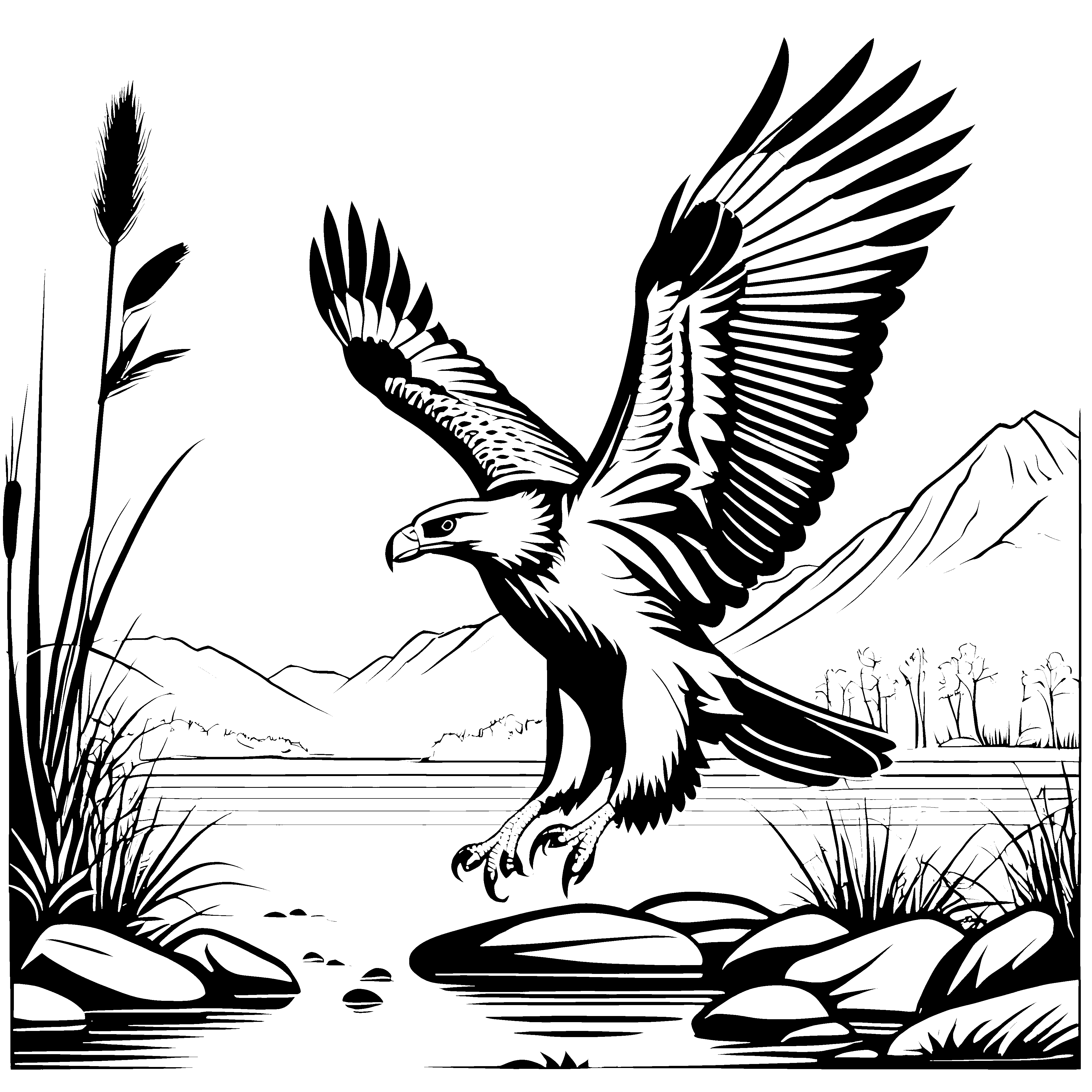 Starker Adler im Aufstieg über Wasser Malvorlage für mutige Naturforscher