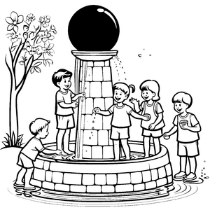 Kinder am Springbrunnen malen Ausmalbild mit blühendem Baum