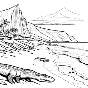 Mosasaurus am Strand: Ein Abenteuer an tropischen Klippen zum Ausmalen