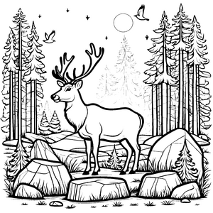 Rentier im Wald: Ein Ausmalspaß mit Geweih und Felsen