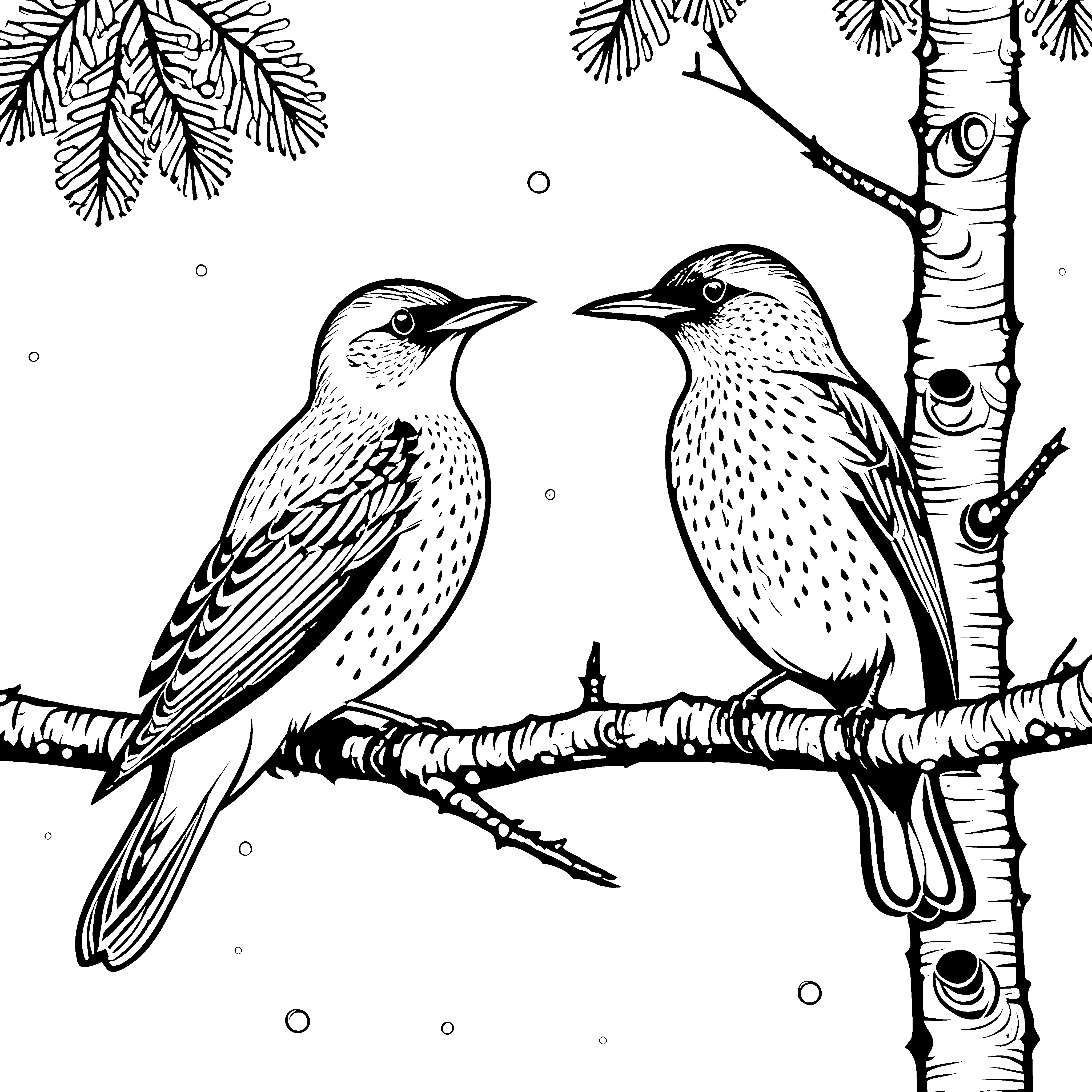 Zwei fröhliche Vögel auf schwingendem Ast Ausmalvorlage für kleine Naturentdecker