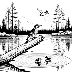 Flinker Specht auf Baumstamm am glitzernden Wasser Ausmalvorlage für tierbegeisterte Entdecker