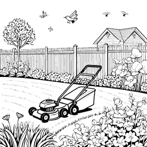 Grüner Rasenmäher während fröhlichem Gartenblütenfest Ausmalbild für kreative Gartenfreunde