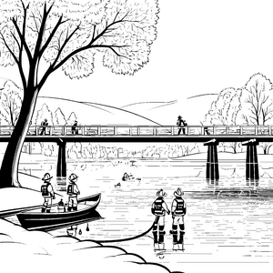 Mutige Feuerwehrleute am entspannten Wasser Abenteuerbild für neugierige Helfer
