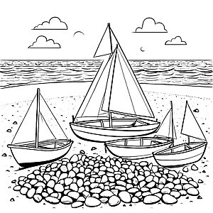 Traumhafte Sandboote auf der bunten Strandlandschaft Ausmalmotiv für kleine Abenteurer