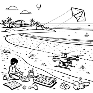 Spannende Drohne am Strand mit buntem Drachen Ausmalbild für kleine Entdecker
