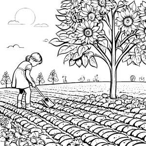 Fröhliches Mädchen beim Pflanzen von Sonnenblumen Ausmalvorlage für kleine Gartenfreunde