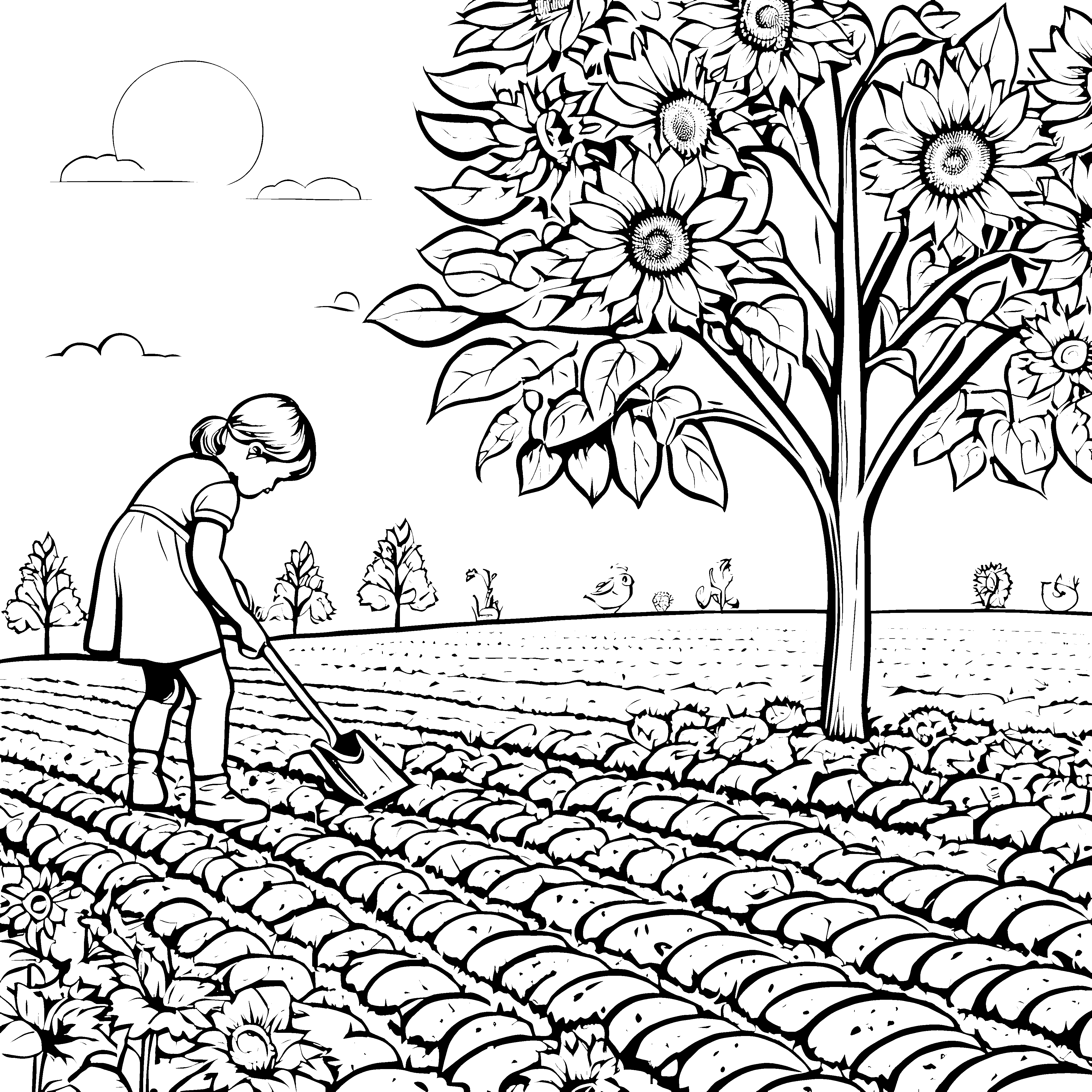 Fröhliches Mädchen beim Pflanzen von Sonnenblumen Ausmalvorlage für kleine Gartenfreunde