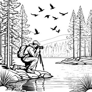 Der kleine Fotograf im Wald mit seiner Kamera
