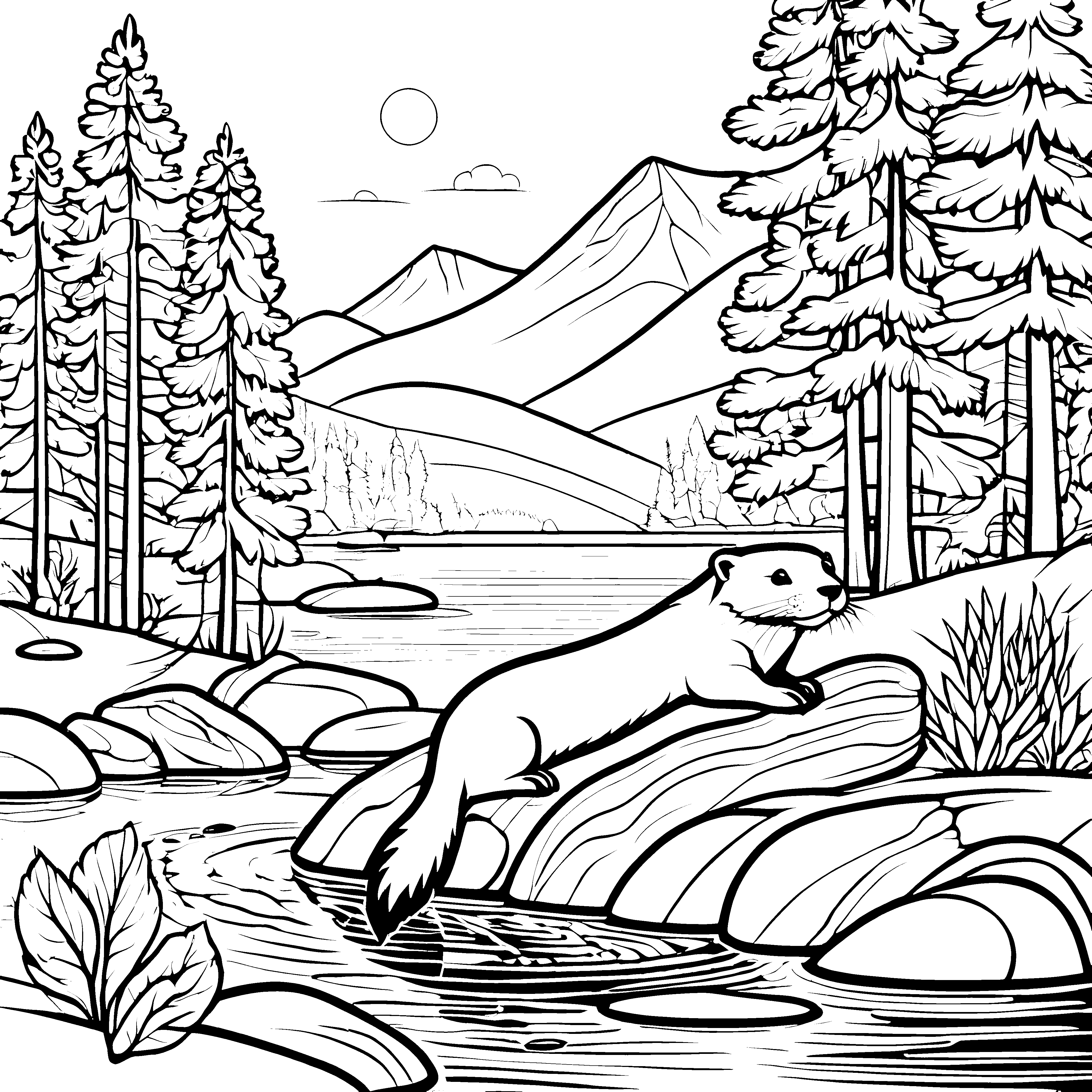 Der Otter am Baumstamm bei Bergen und Wald zum Ausmalen