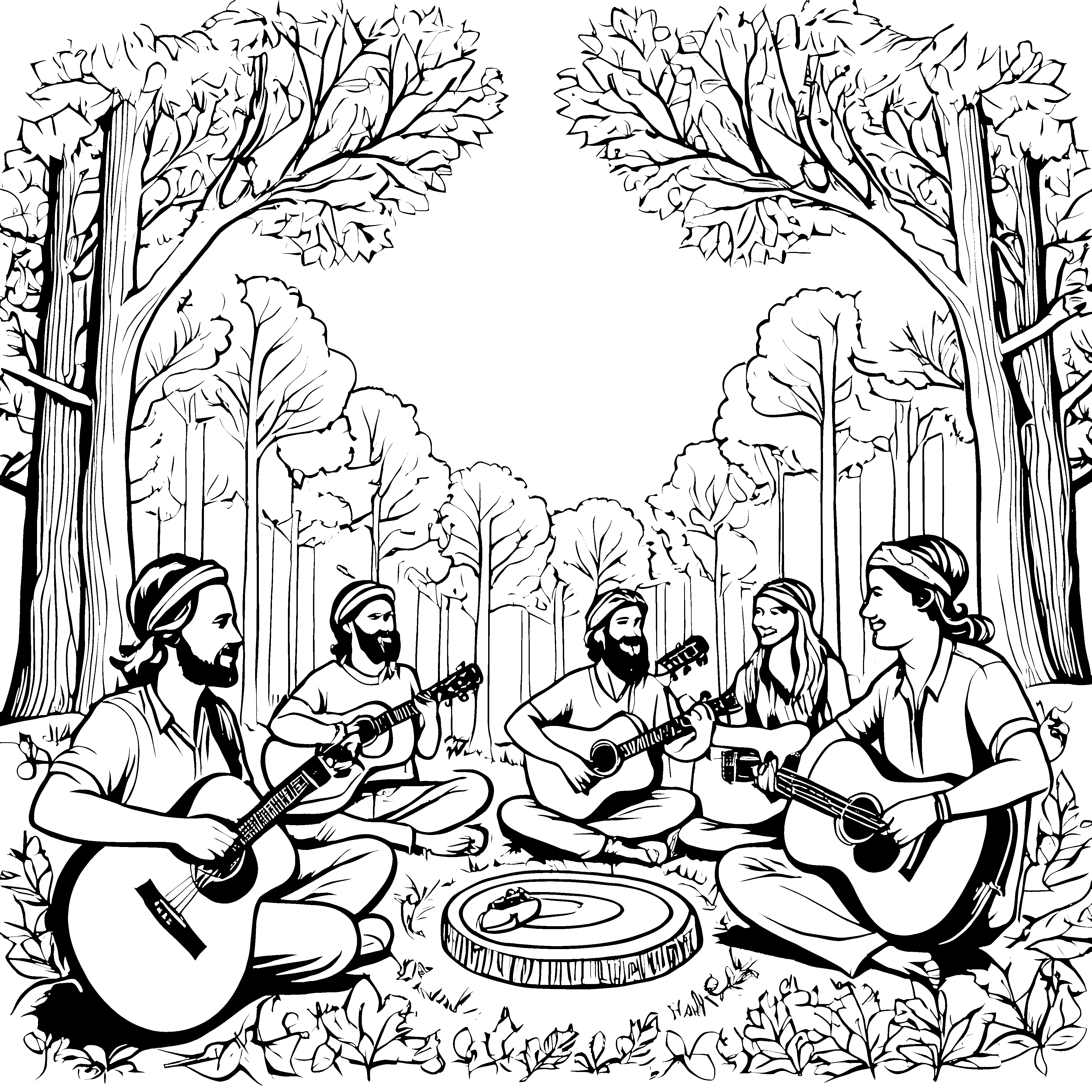 Begeisterte Musiker im Wald Ausmalvorlage für kreative Lebensfreunde