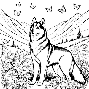 Husky in blühender Wiesenlandschaft Ausmalmotiv für abenteuerlustige Entdecker