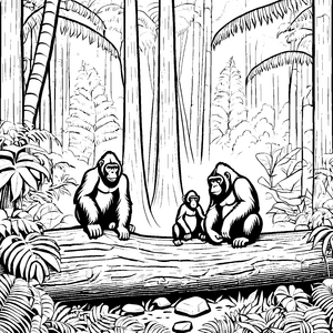 Freundliche Gorillas auf großer Baumstamm Ausmalvorlage für abenteuerlustige Künstler