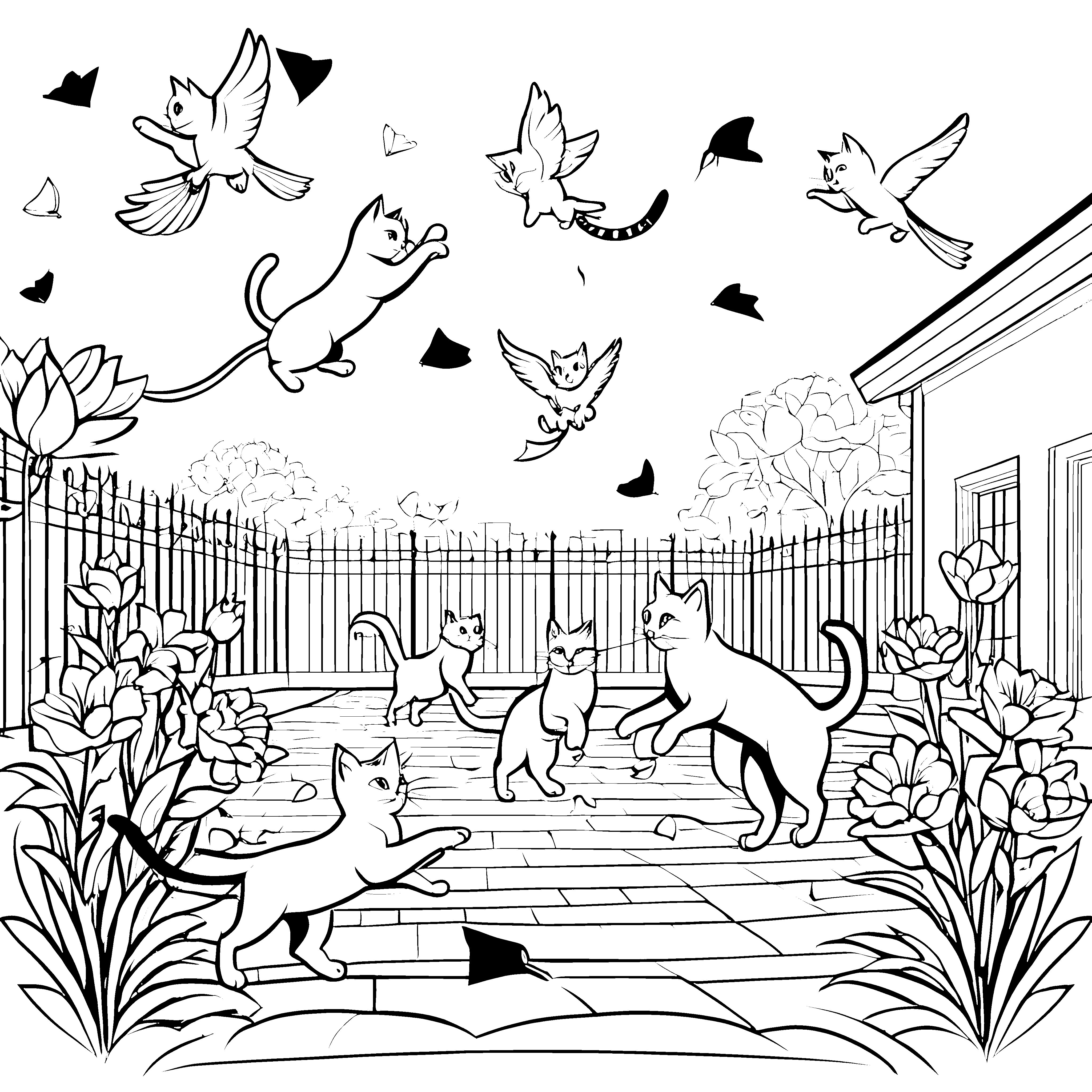 Lustige Katzen im Garten: Ein Malspaß mit Blumen und Vögeln