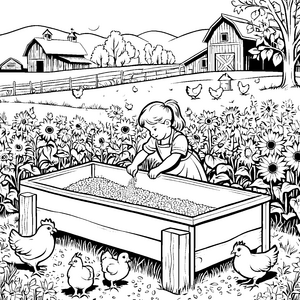 Mädchen füttert die Küken auf der ländlichen Farm