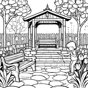 Gemütliche Stunden auf den Gartenbänken im Zaun zum Ausmalen