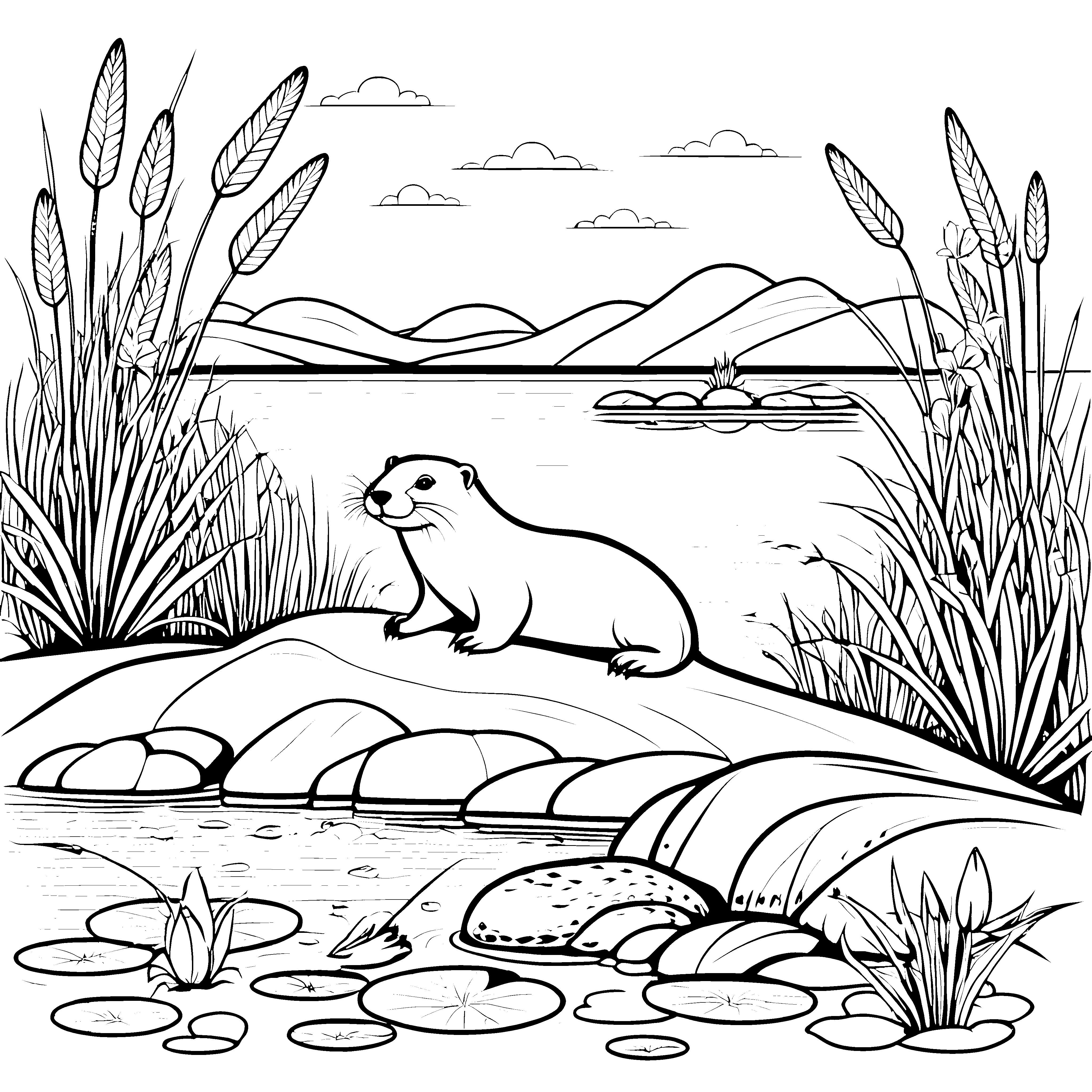 Der Otter am Ufer: Ein Ausmalspaß mit Gräsern und Hügeln