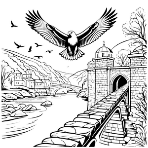Der Bussard über der Steinbrücke bei einem Dorf im Flussland