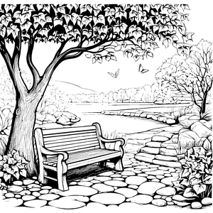 Malen mit Gartenbänken im Park am Gewässer unter dem Baum