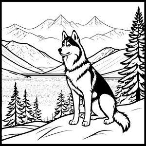 Majestätischer Husky vor beeindruckender Berglandschaft Ausmalvorlage für abenteuerliche Entdecker