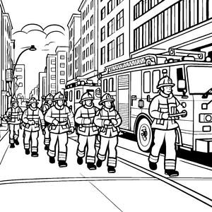 Motivierte Feuerwehrleute auf dem Weg zur Rettung Ausmalmotiv für heldenhafte Entdecker