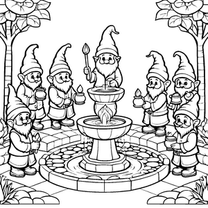Die Gartenzwerge am Brunnen malen Ausmalbild