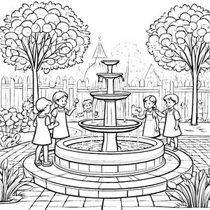 Kinder am Springbrunnen im Park malen Bild zum Ausdrucken