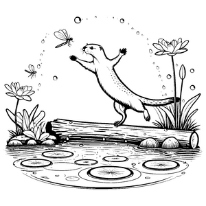 Der Otter auf dem Baumstamm mit Wasserlilien zum Ausmalen