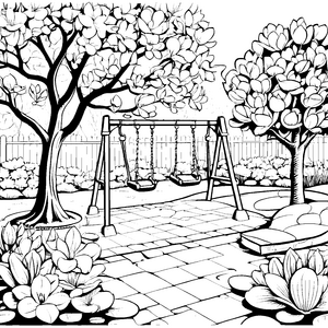 Blühende Magnolien im Spielplatzparadies Ausmalmotiv für kleine Naturentdecker