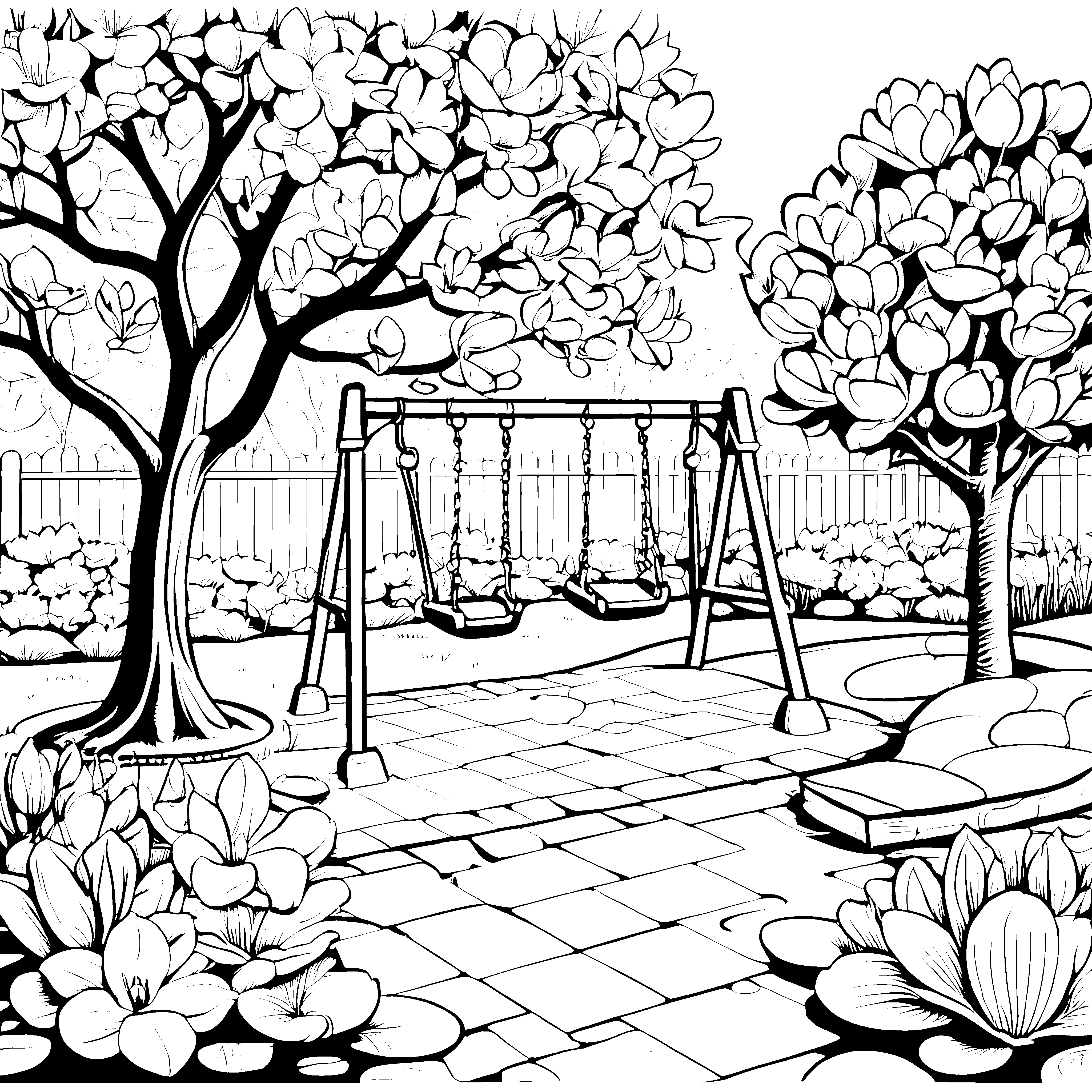 Blühende Magnolien im Spielplatzparadies Ausmalmotiv für kleine Naturentdecker