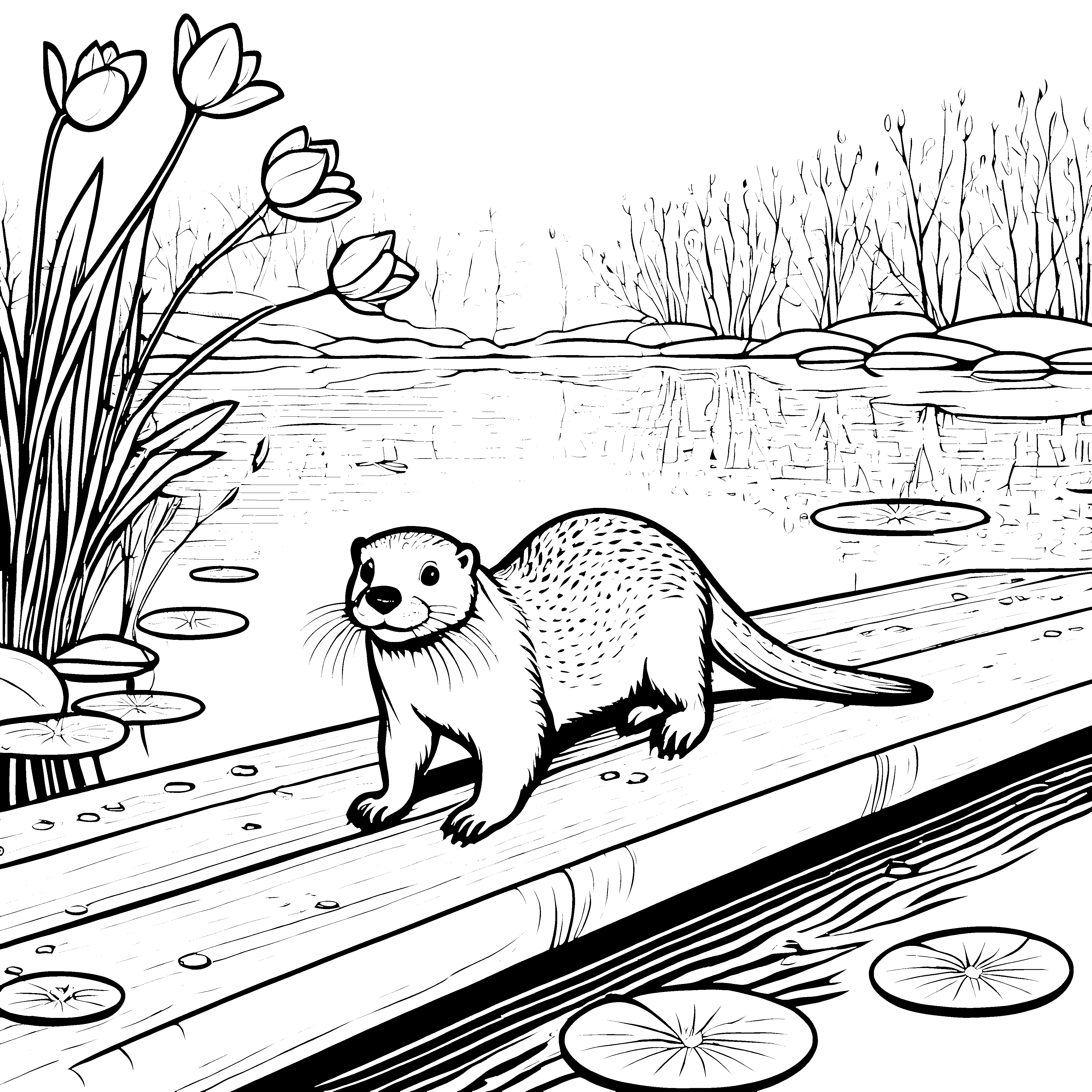 Der Otter bei den Tulpen am Holzsteg malen zum Ausdrucken