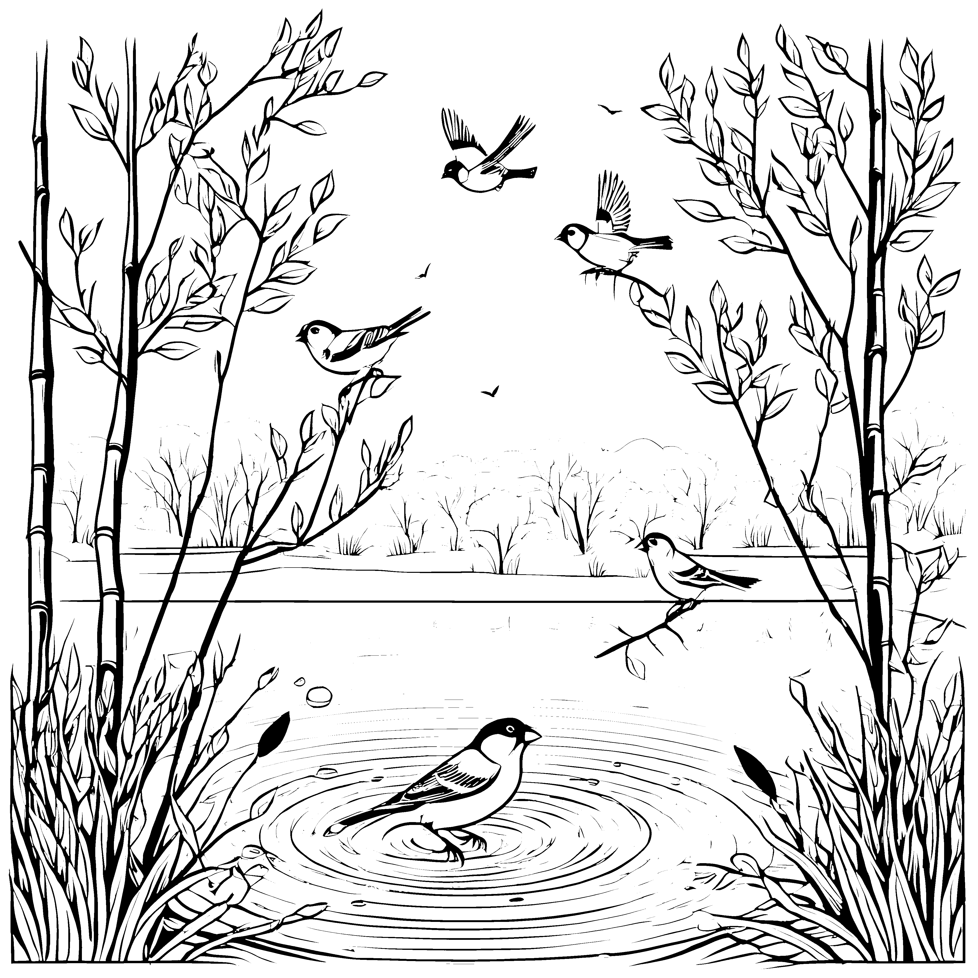Plätschernder Singvogel im klaren Wasser Ausmalmotiv für dynamische Naturfreunde