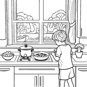 Brokkoli kochen in der Küche: Ein lustiges Ausmalspiel für Kinder