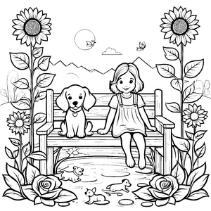 Mädchen und Hund auf der Blumenbank im Garten