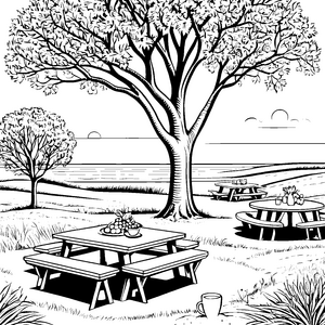 Einladender Picknicktisch unter blühendem Baum Ausmalbild für fröhliche Naturentdecker