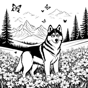 Majestätischer Husky in blühender Wiese Ausmalmotiv für abenteuerlustige Entdecker