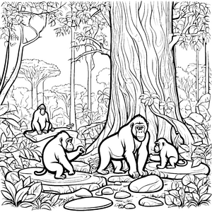 Verspielte Gorillas unter majestätischem Baum Ausmalvorlage für junge Naturentdecker