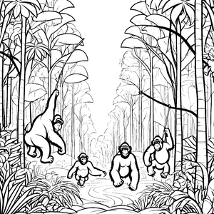 Verspielte Gorillas im Dschungel-Abenteuer Ausmalbild für neugierige Entdecker