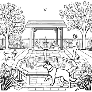 Hofhunde am Brunnen im Garten malen Spaß