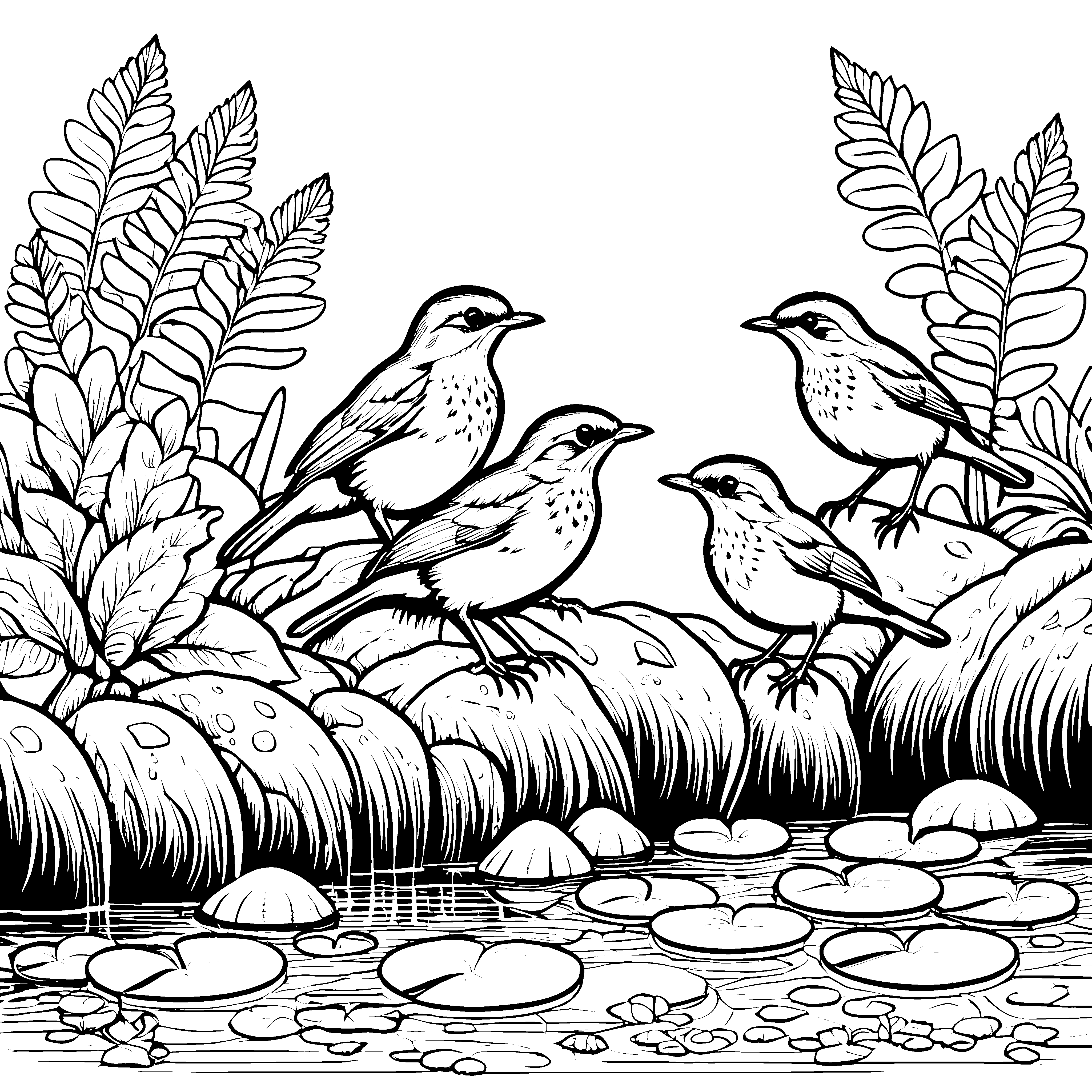 Süße Vogelbabys am schimmernden Teich Ausmalvorlage für neugierige Naturentdecker
