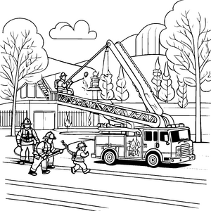 Feuerwehrmann mit großer Leiter im Löscheinsatz Ausmalmotiv für furchtlose kleine Helden