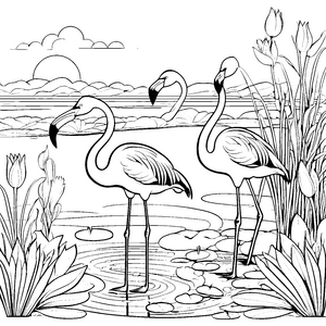 Charmante Flamingos im blühenden Teich Ausmalbild für kleine Naturliebhaber