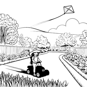Kleiner Rasenmäher-Fahrer mit buntem Drachen Ausmalvorlage für kreative Gartenfreunde