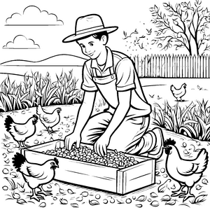 Der Junge füttert die Hühner mit Körnern im Garten