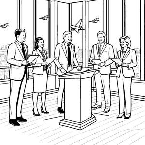 Dynamisches Politikerteam im Sitzungssaal Ausmalmotiv für kreative Visionäre