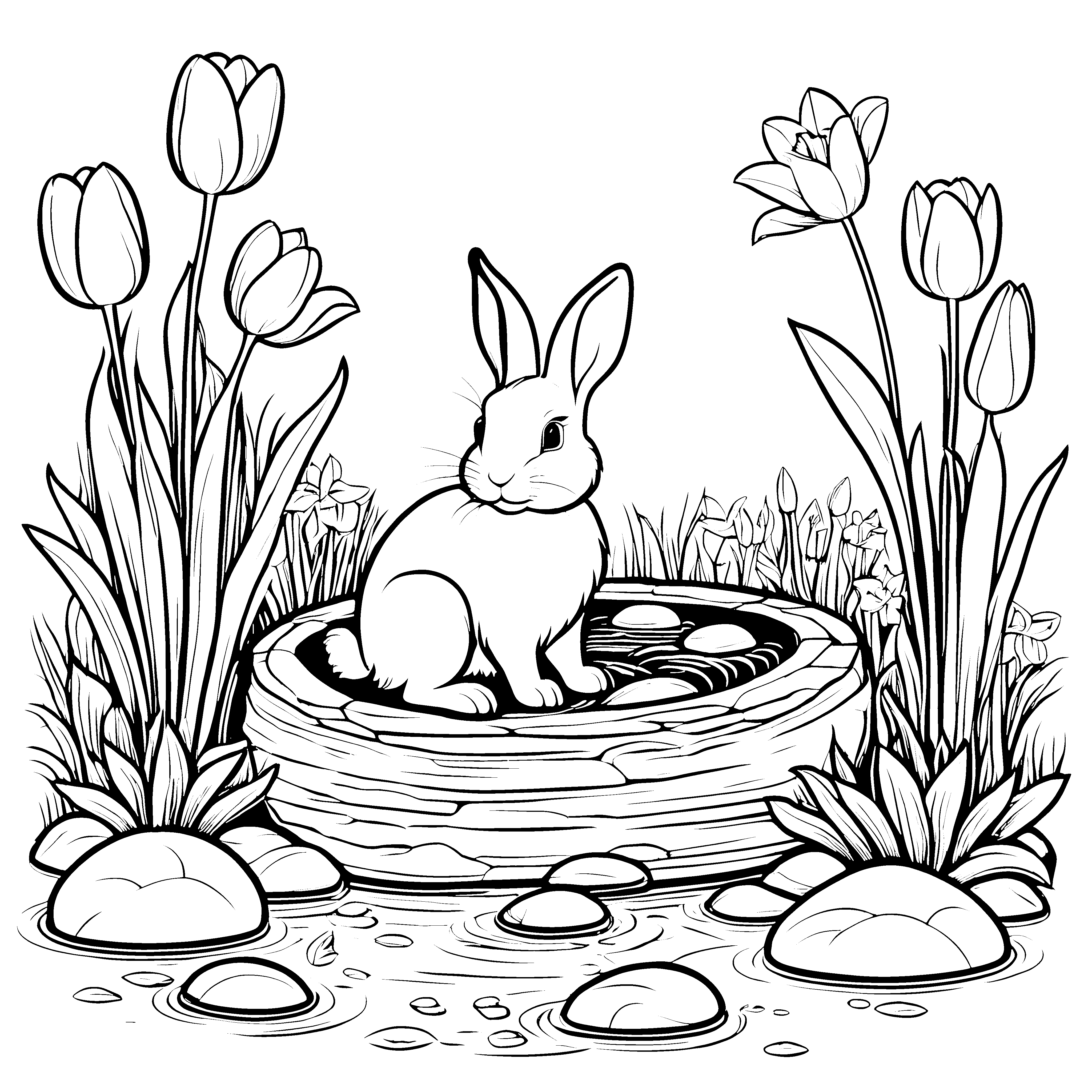 Süßer Hase im Osternest mit Tulpen und Frühlingsblumen zum Ausmalen