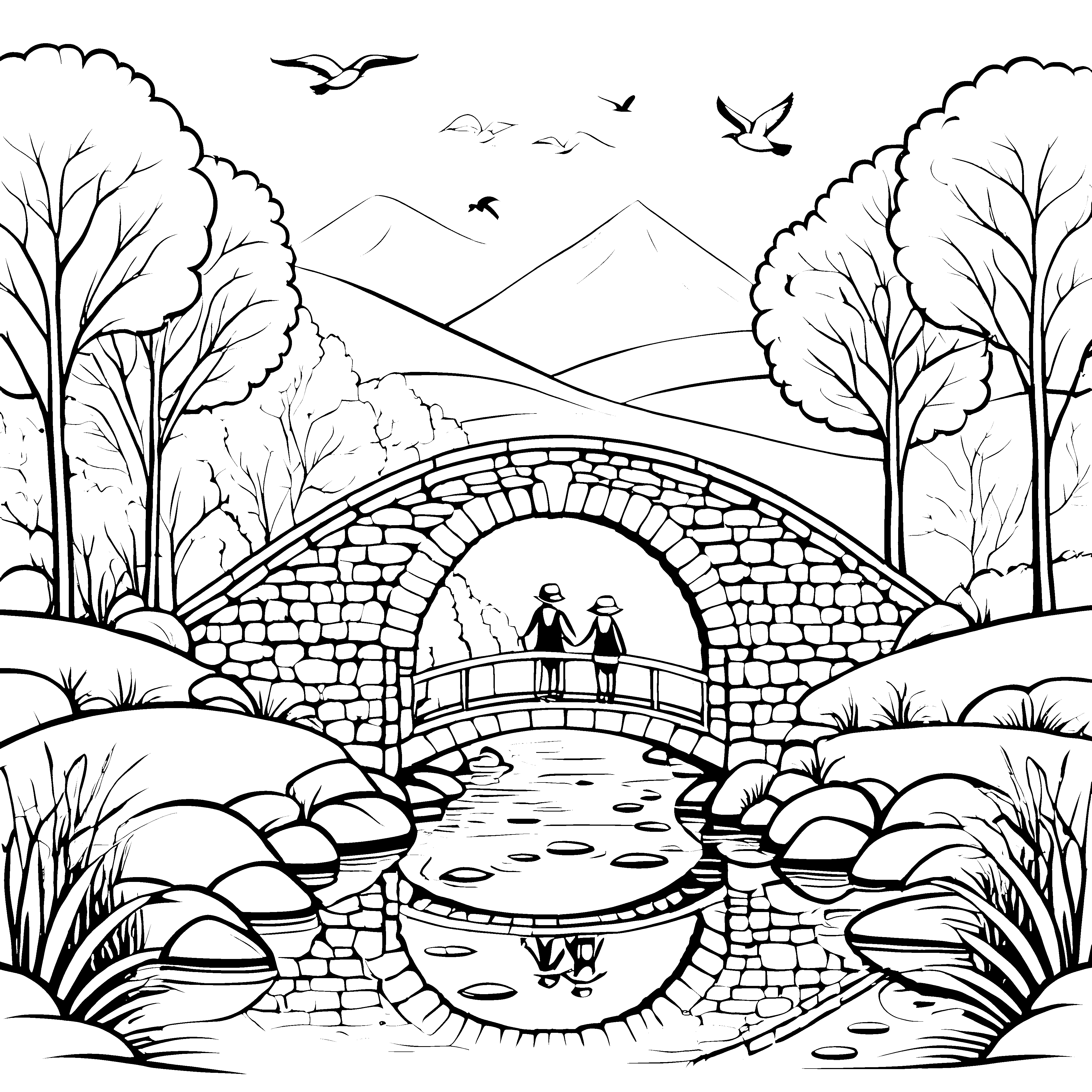 Die malerische Bogenbrücke über den Fluss im Ausmalbild