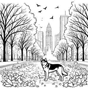 Husky bei herbstlichem Stadtspaziergang Ausmalvorlage für neugierige Entdecker