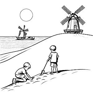 Freudige Sandförmchen am sonnigen Strand Ausmalmotiv für kleine Entdecker