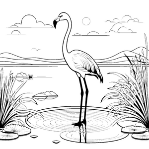 Elegant posierender Flamingo am Wasser Ausmalbild für kreative Naturfreunde